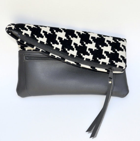 Clutch Fold Over Purse in Black and Natural Linen with Vegan Leather