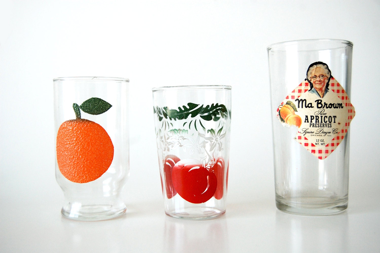 vintage glassware / Lot of Jelly and Juice Glasses / mismatched Cottage Chic / orange tomato jelly jar