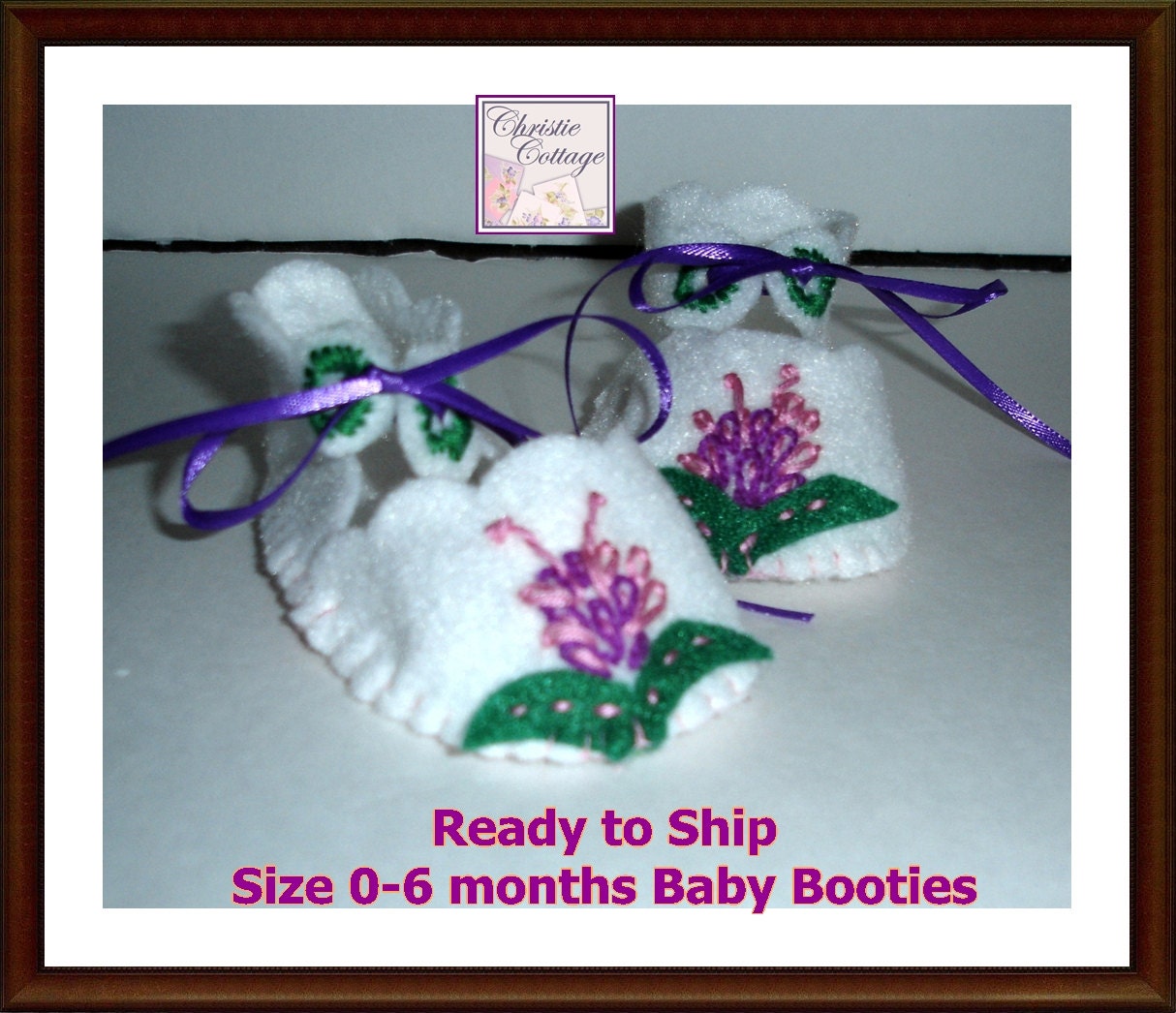Baby Booties, Embroidered Felt, Size 0-6 months, Girl, White, pink flowers