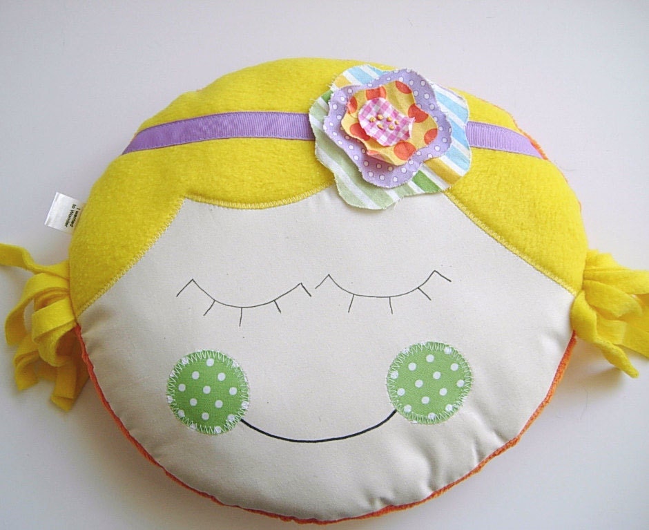 Pillow Baby - Lucy Flower Girl - Round Yellow and Purple - PILLOW for girls baby toddler