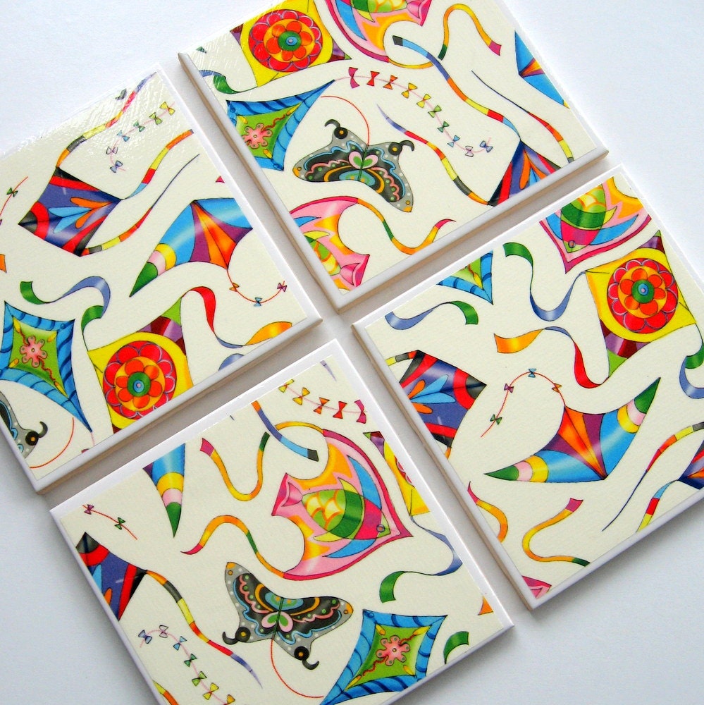 Colorful Kites Earth Coasters - Set of Four - Summer, kites, flying, wind, colorful, beverage, ceramic, entertaining, home, hostess gift