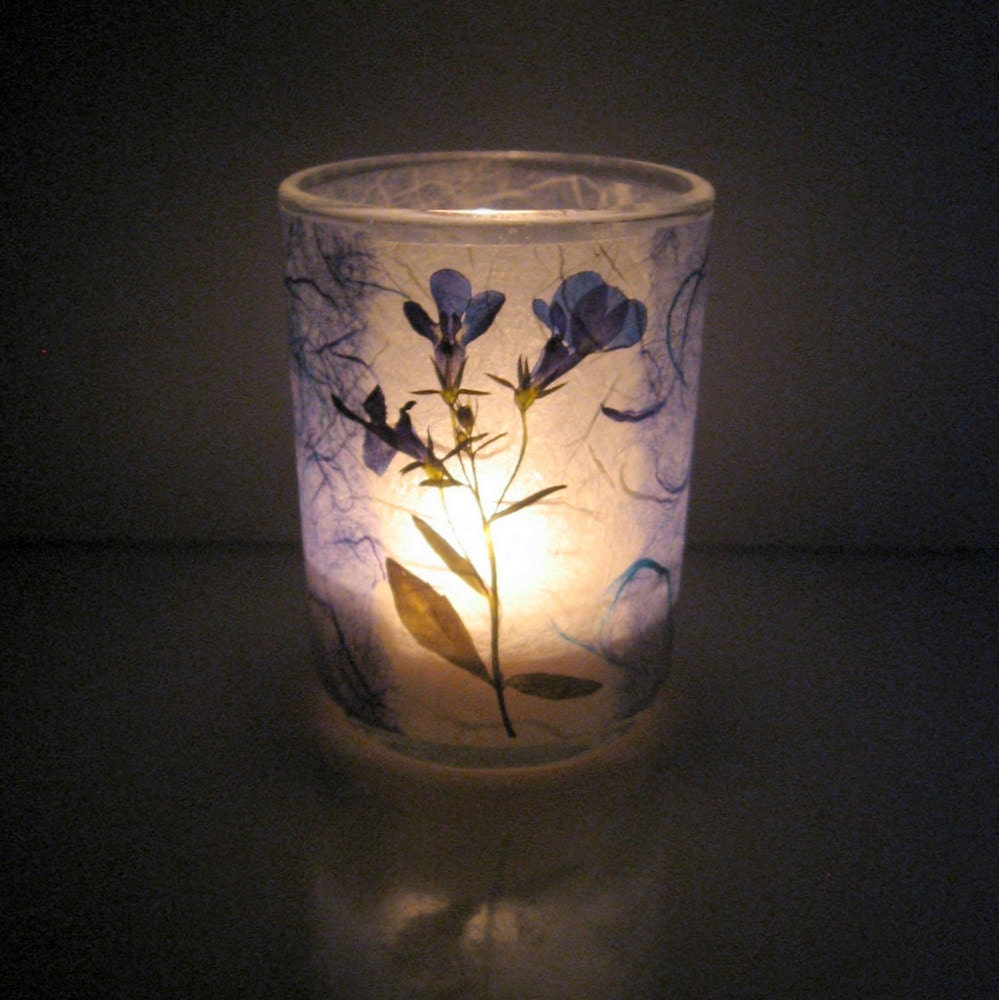 Blue Lobelia Earth Light - candle, candle holder, tea light, pressed flower, natural, handmade paper, spring and summer, ooak, gift
