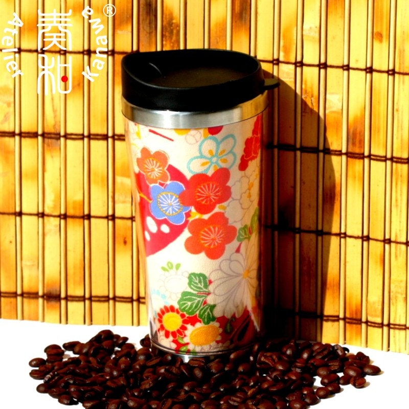 Japanese Flowers and Baby Boy - Very Luxurious Vintage Kimono Fabtic Eco Friendly Stainless Steel Coffee Tumbler