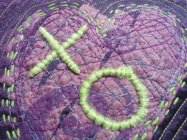 Hugs and Kisses Art Quilted Mini Wall Hanging Textile Fiber Art Purple Green Heart OOAK
