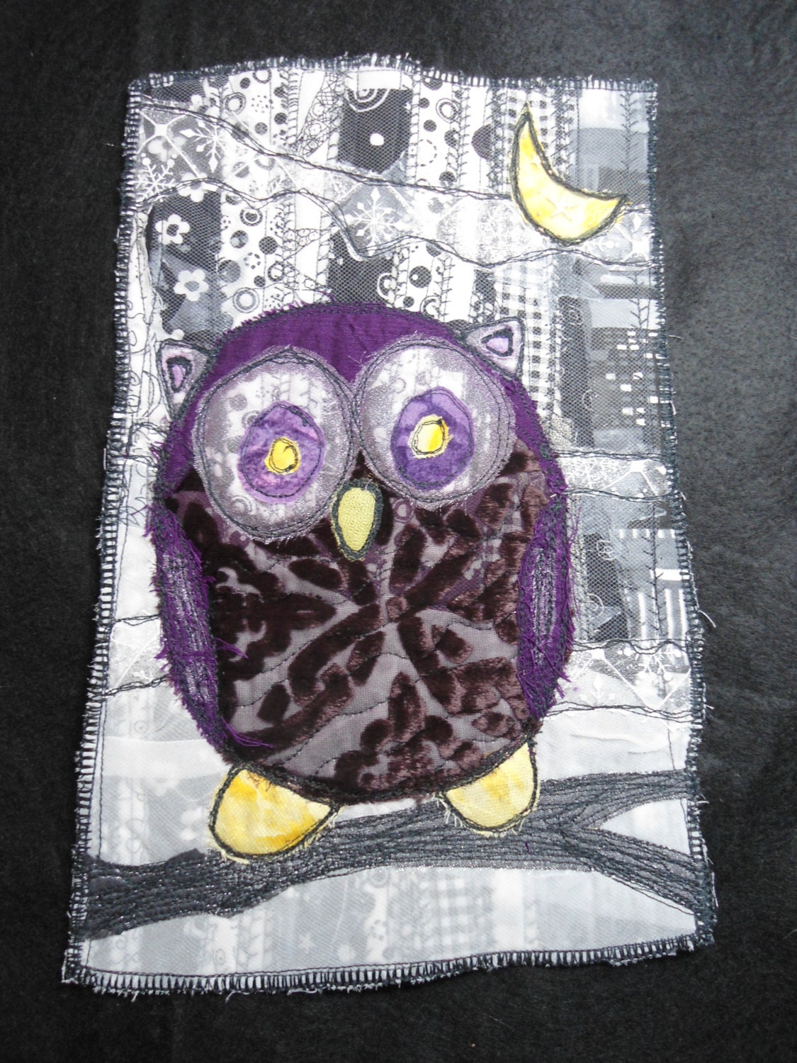 Owl Night II OOAK Art Quilt Wall Hanging Txtile Fiber Art Purple Owl Moon NIght Original