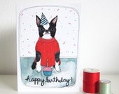 Happy Birthday Card with Boston Terrier Illustration by Michele Maule