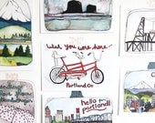 Portland Oregon Hand Illustrated Post Cards Set of Seven