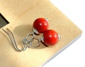 Red Coral Drop Earrings, Sterling Silver Dangles, Deep Red Earrings