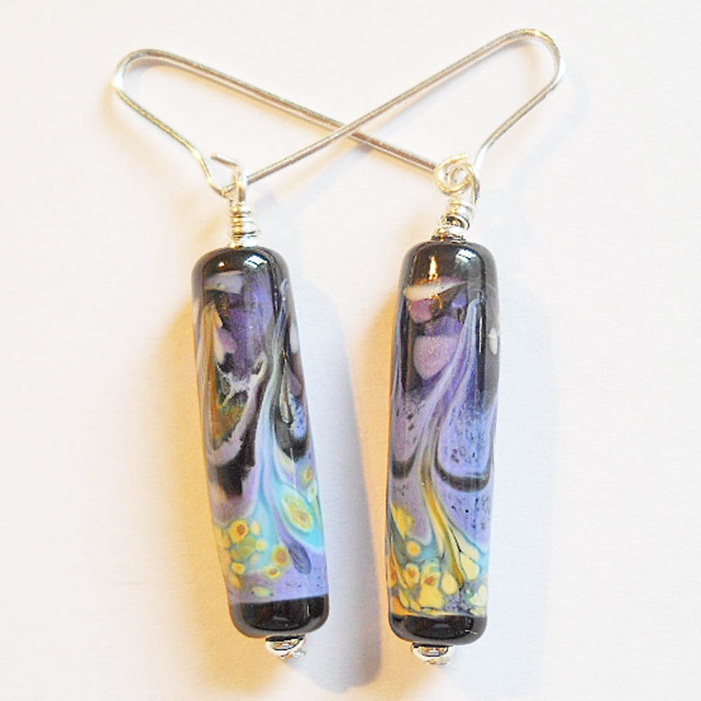 Handmade Lampwork glass bead earrings, purple 'Deep Ocean' Japonaise fire tubes sterling wires SRA lamp work art glass, CGGE, tt team