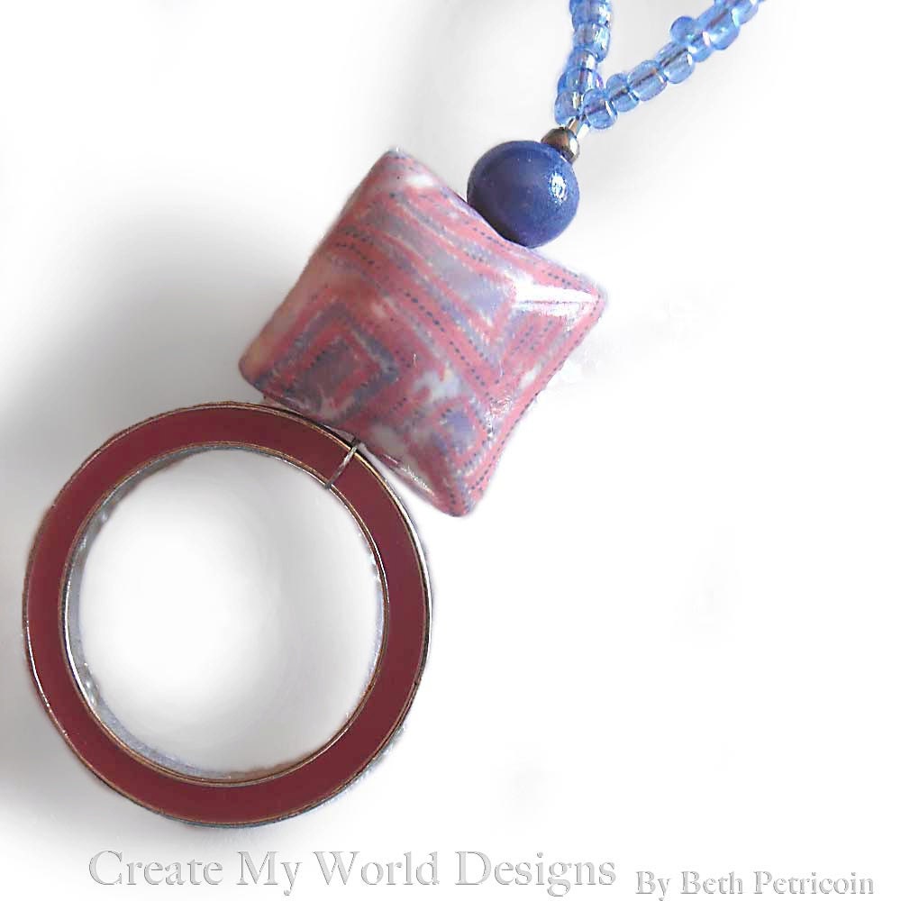 Pink Blue Necklace: focal bead pendant, pillow bead, magenta, circle hoop link, silk dyed polymer clay, glass beads
