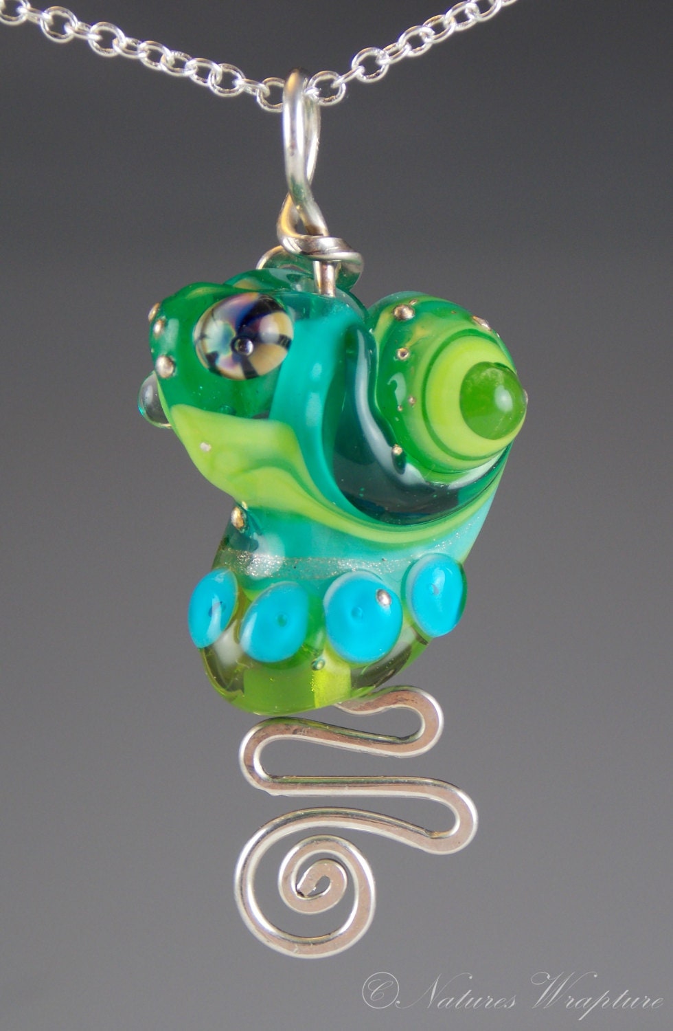 OOAK Green Lampwork Glass and Sterling Silver Wire Wrapped Pendant