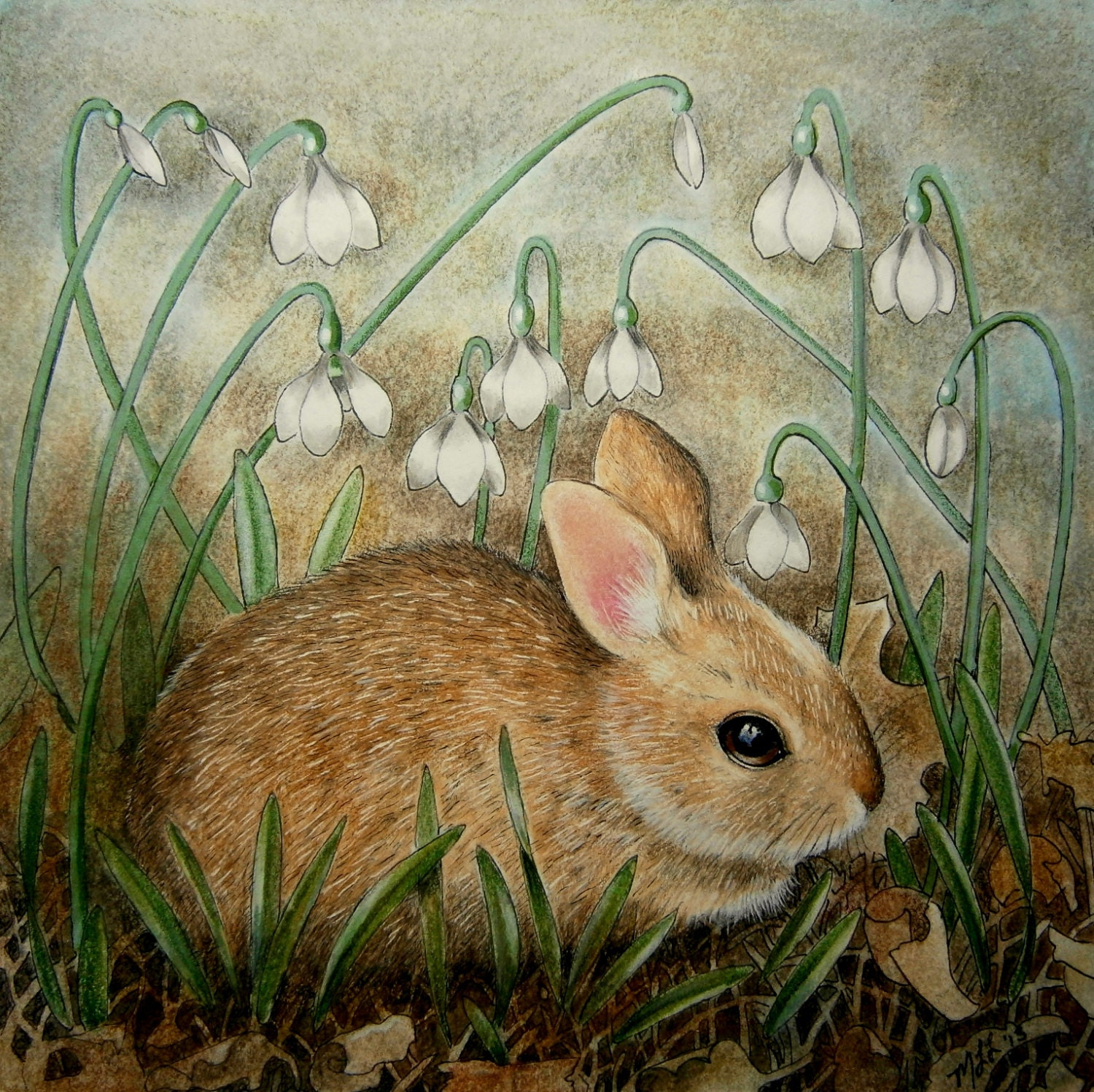 Baby Bunny Spring Flowers Art 5" x 5" Original By Melody Lea Lamb