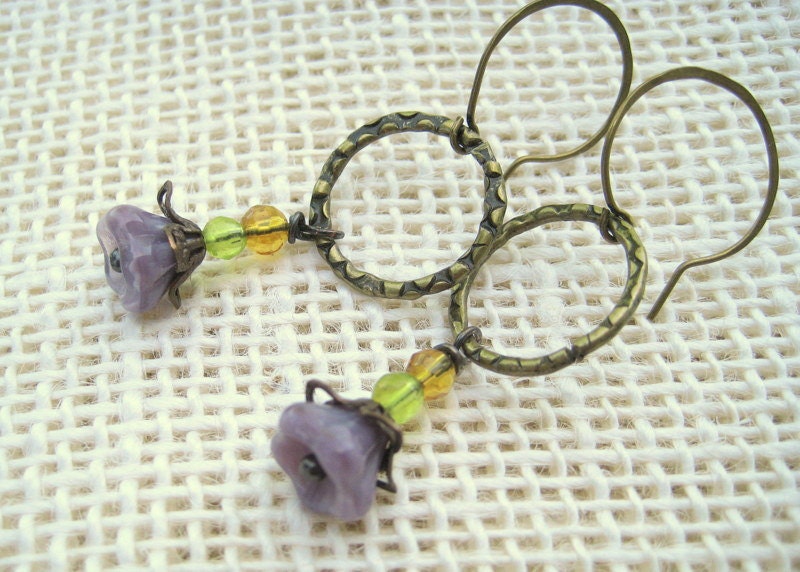 Brass Hoop Dangle Earrings with Amethyst Glass Flowers