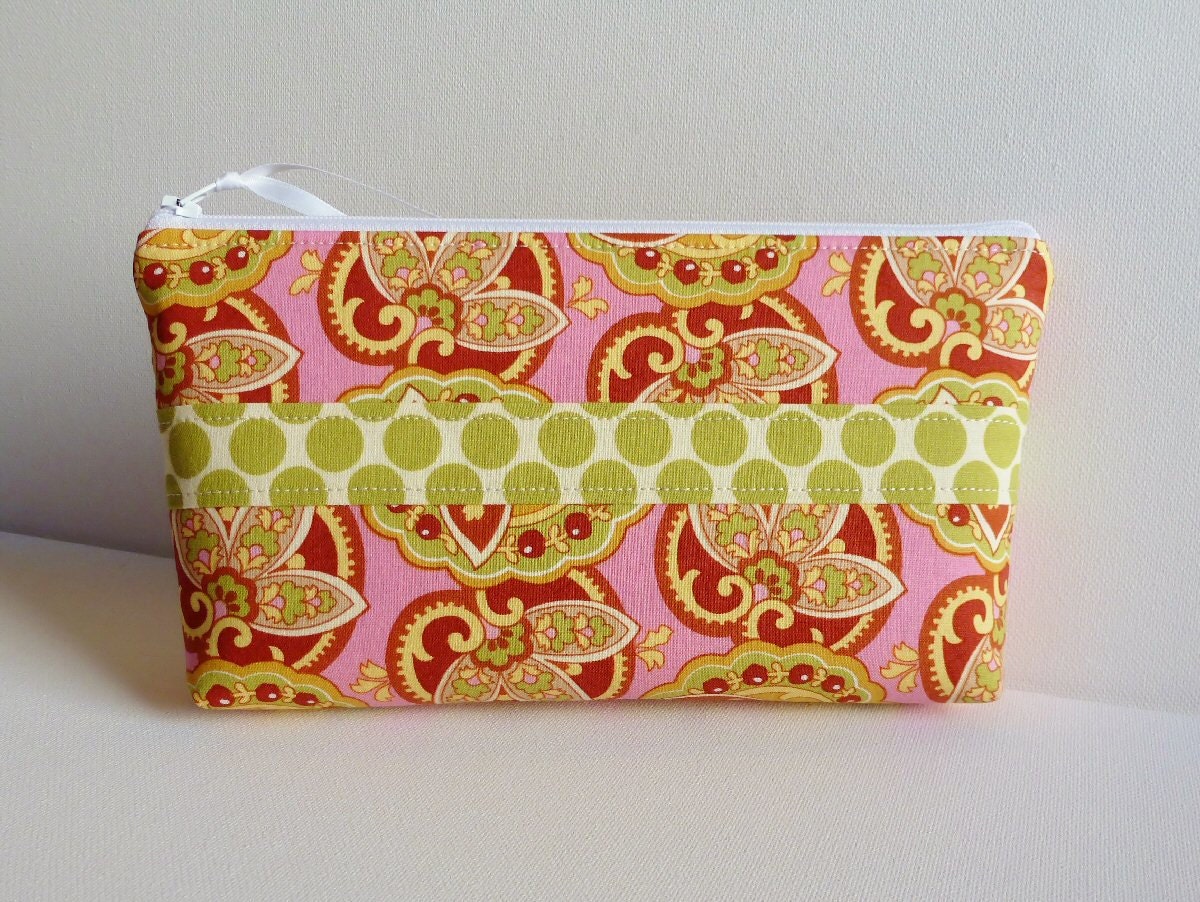 Cosmetic Case Makeup Bag Zipper Pouch Coral Star Paisley Amy Butler
