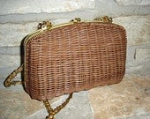 WICKED WICKER -  vintage1980s mod tan wicker box purse - converts to clutch