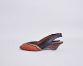 80s wood bead checkered slingback wedges / 7