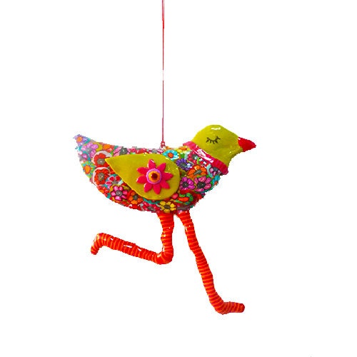 Love birds, elegant wall decor soul  bird, Handmade Polymer clay bird, whimsical Bird , stripes, orange, colorful millefiori flowers