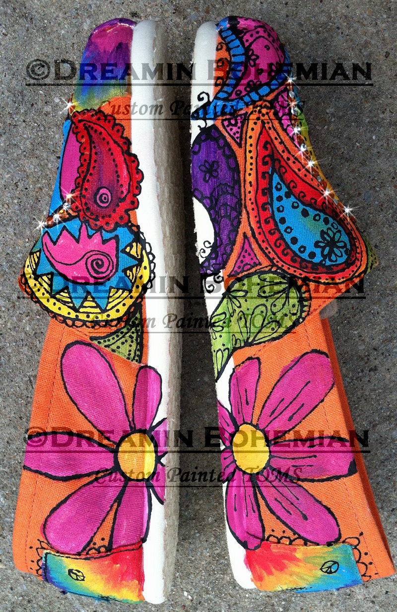 Peace love and paisleys Painted on YOUR TOMS with BLING