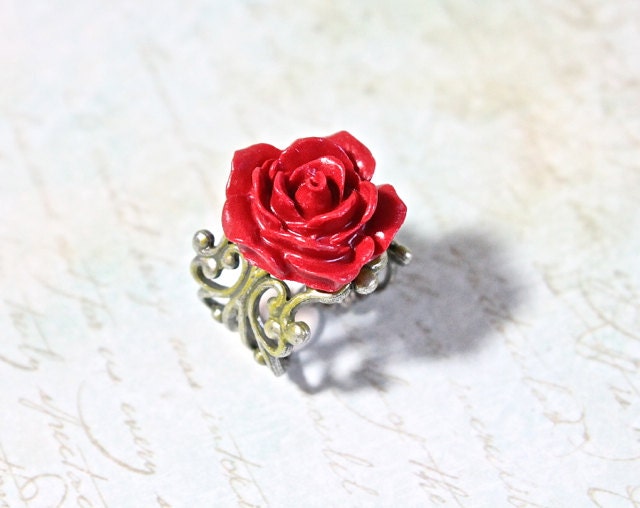 Rose Red - Rose Ring - Handmade Polymer Clay Flower Perched on a Moss/Silver Antiqued Filigree Base - Wonderful Bridesmaids Gift