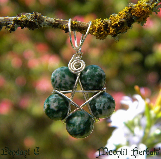 Witches Pentacle - Tree Agate Gemstone Pendant - Ritual Jewelry, Magickal Adornment, Earth Magick, Prosperity, Commune With Nature Spirits