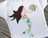 Girls Mermaid Applique Shirt - 2, 4, 6, OR 8 Years - Choose Hair and Skin Color - SHORT SLEEVES