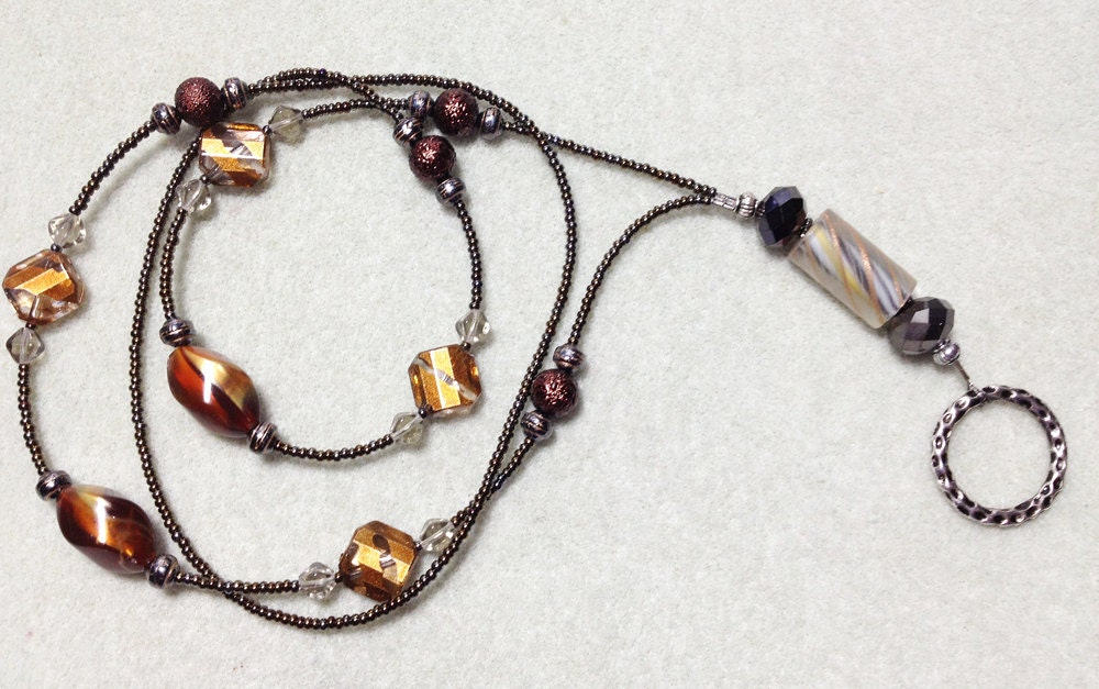 Metallic - beaded lanyard - copper, gold, gunmetal glass lampwork beaded ID badge lanyard necklace for teacher nurse gift