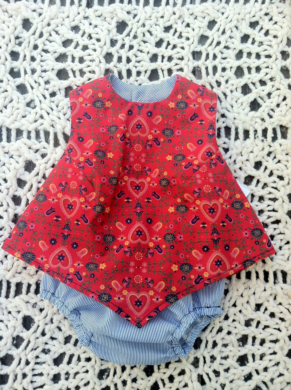 Red and Navy Infant Summer Outfit - handmade, floral, flowers, stripe, halter, baby, girl