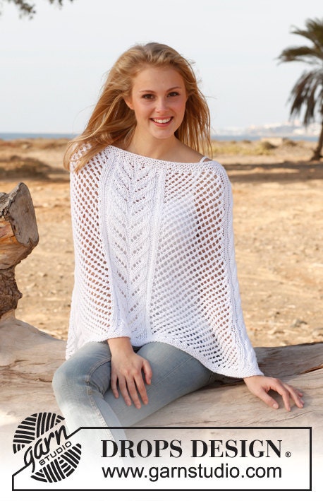 Hand Knitted  white poncho with cables and lace pattern. Made to order.