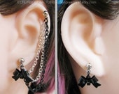 Cute Silver and Black Bow Cartilage Chain Earring or Ear Cuff Pair