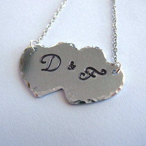 Personalized Double Heart Necklace - Hand Stamped Initials, Hammered Edges, Fancy Letters