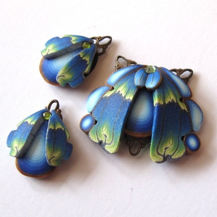 Butterfly Wings Bead Components Polymer Clay Pendants in Blue and Teal - Claybykim