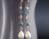 14K Solid Gold Dangle Pearl and London Blue Topaz Earrings