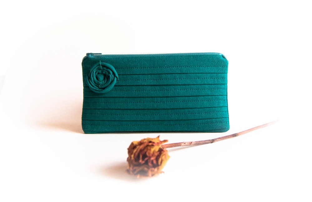 Bridesmaid Gift Idea Pleated Bridal Wedding Clutch Purse Pouch Handbag Teal Rose by Lolos