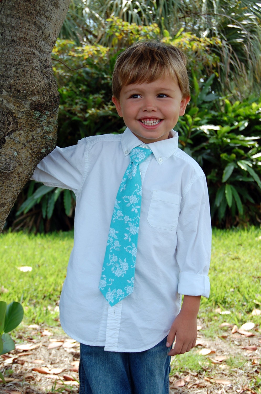 Boys Light Turquoise and White Floral Flourish Print Necktie, Pre-tied, Adjustable, in Infant, Toddler, Child sizes