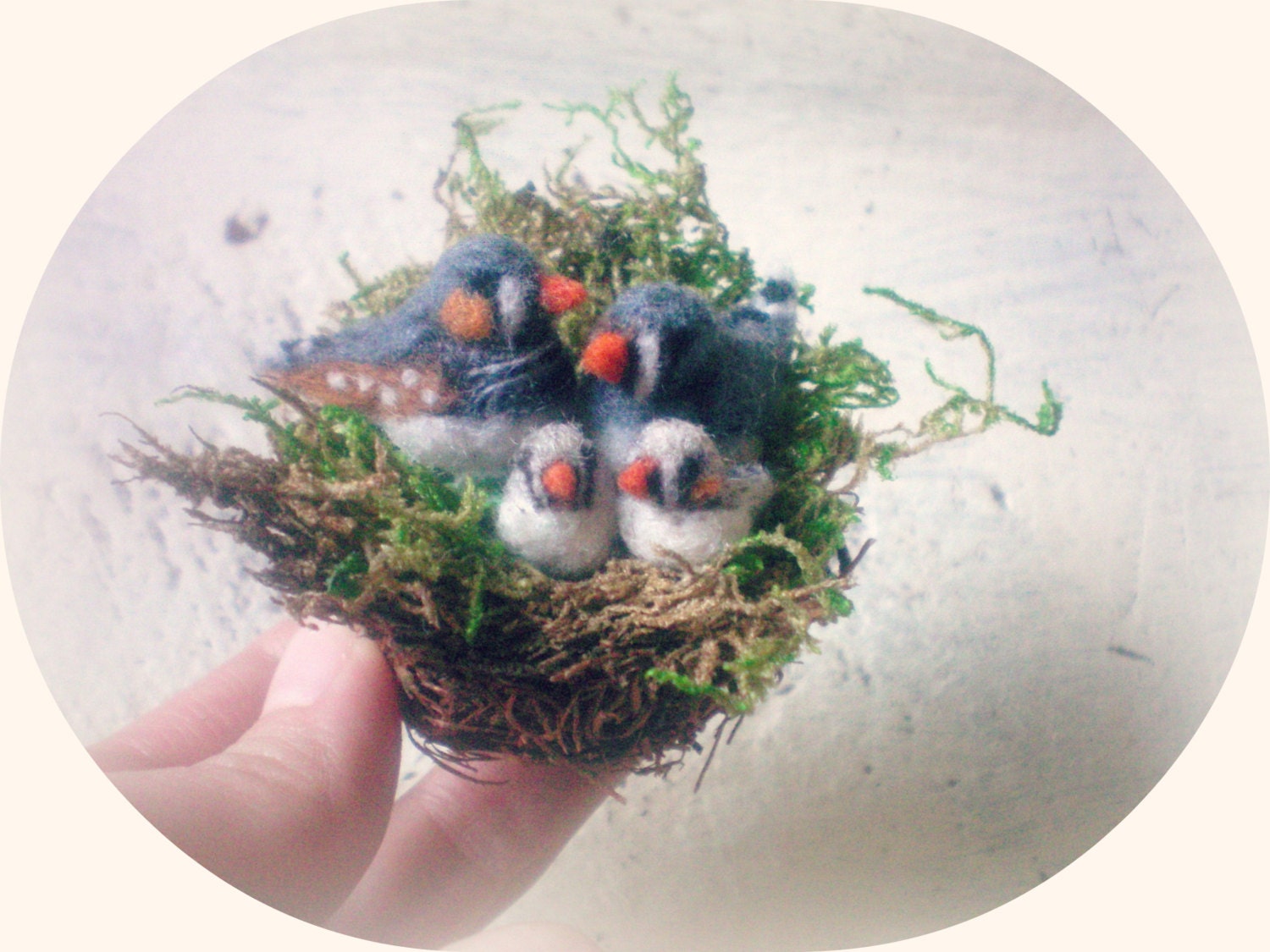 Miniature Felted Zebra Finch Family