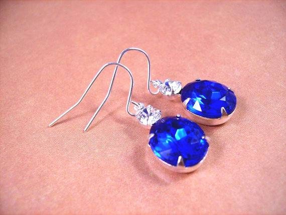 Rhinestone Earrings, Sapphire Blue, White Crystal and Silver Dangle Earrings, FREE Shipping U.S.