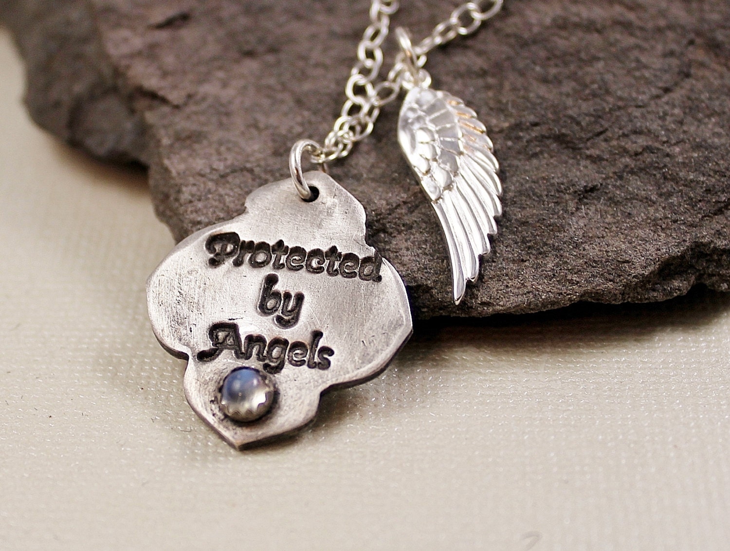 Protected By Angels Necklace - Ceylon Blue Moonstone, Fine Silver