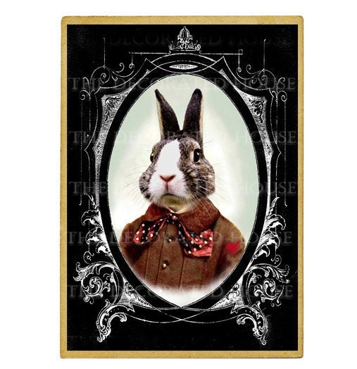 Valentines Day Art Print Beau Bunny Rabbit Cabinet Card  Antropomorphic.  He Wore His Heart On His Sleeve . 5 x 7 in The Decorated House