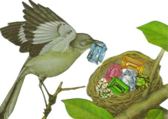 Collage Art Print Bird Nest Gemstones Jewels Robber Bird Art 5x7 Print