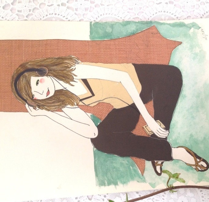woman listening to music against a tree original illustration