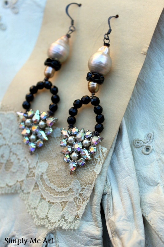 Sparkling AB Vintage Rhinestone, Baroque Pearl and Onyx Dangle  Earrings...Panache