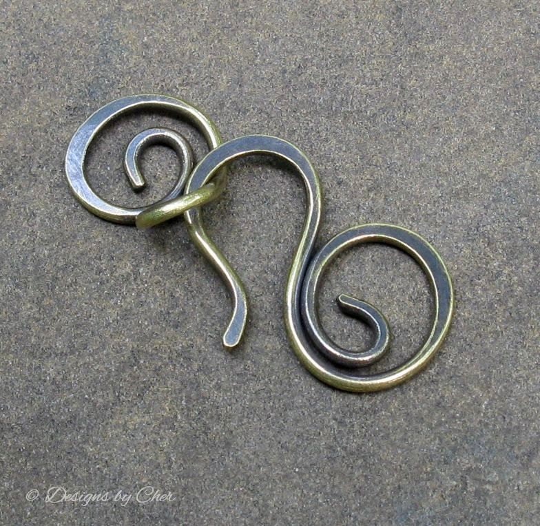 Large Antiqued Brass Swirl Clasp Set (16 gauge) Hand Forged Metalwork - 2pcs