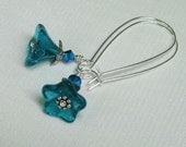 Teal Glass Flower Earrings, Swarovski Capri Blue Crystals on Long Silver Kidney Wires... Delicate Flower Jewelry