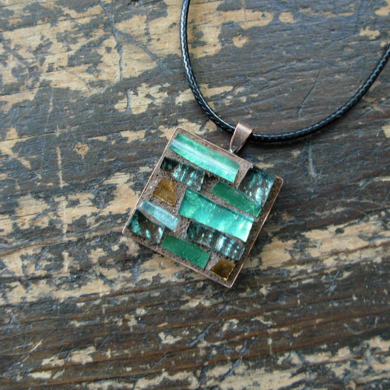 Teal Green Mosaic  and Bronze Pendant