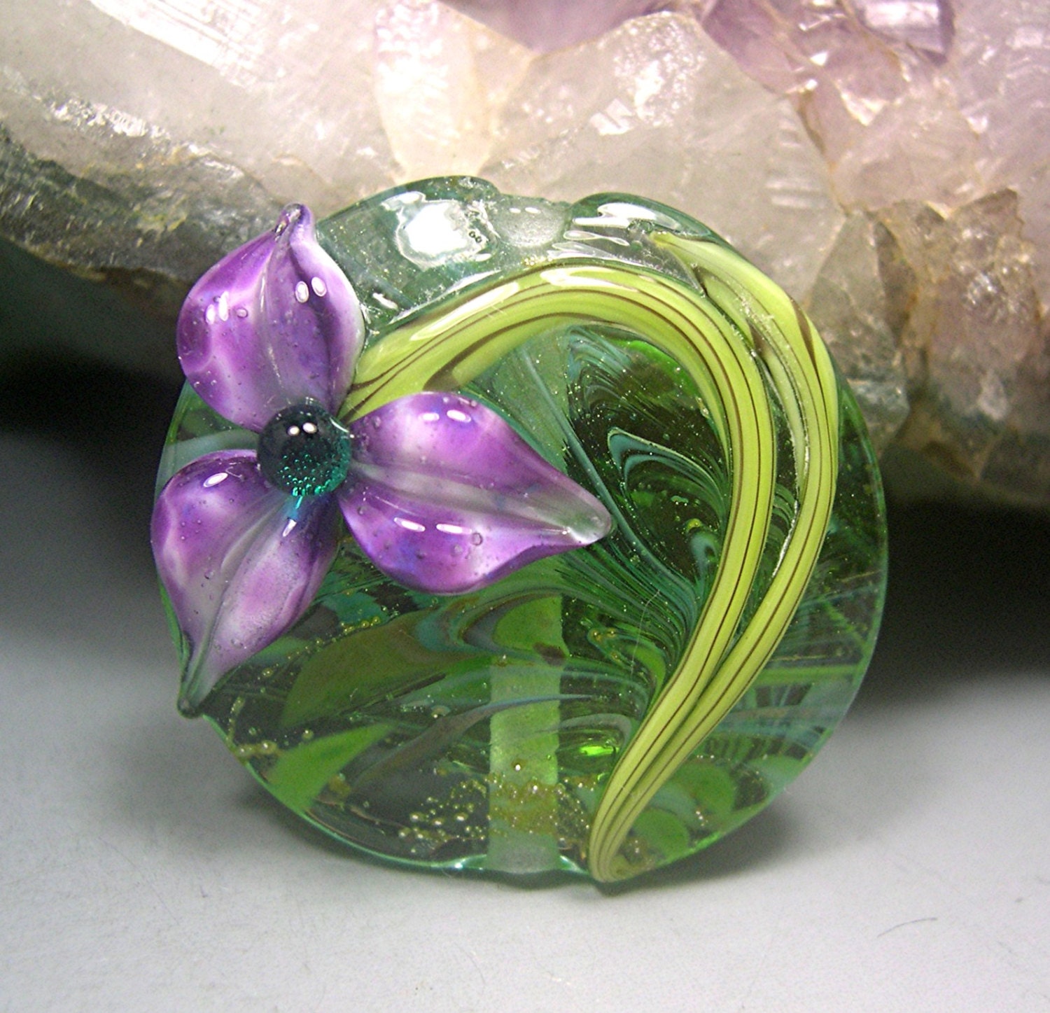 HANDMADE LAMPWORK GLASS Bead Focal Donna Millard sra spring summer garden necklace pendant purple flowers jewelry floral flower