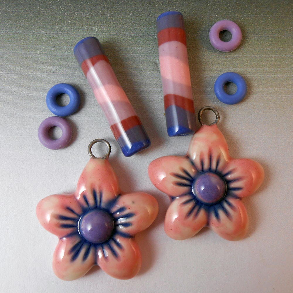 Flower Power Earring Kit - Handmade Ceramic Flower Charms and Striped Tube Beads
