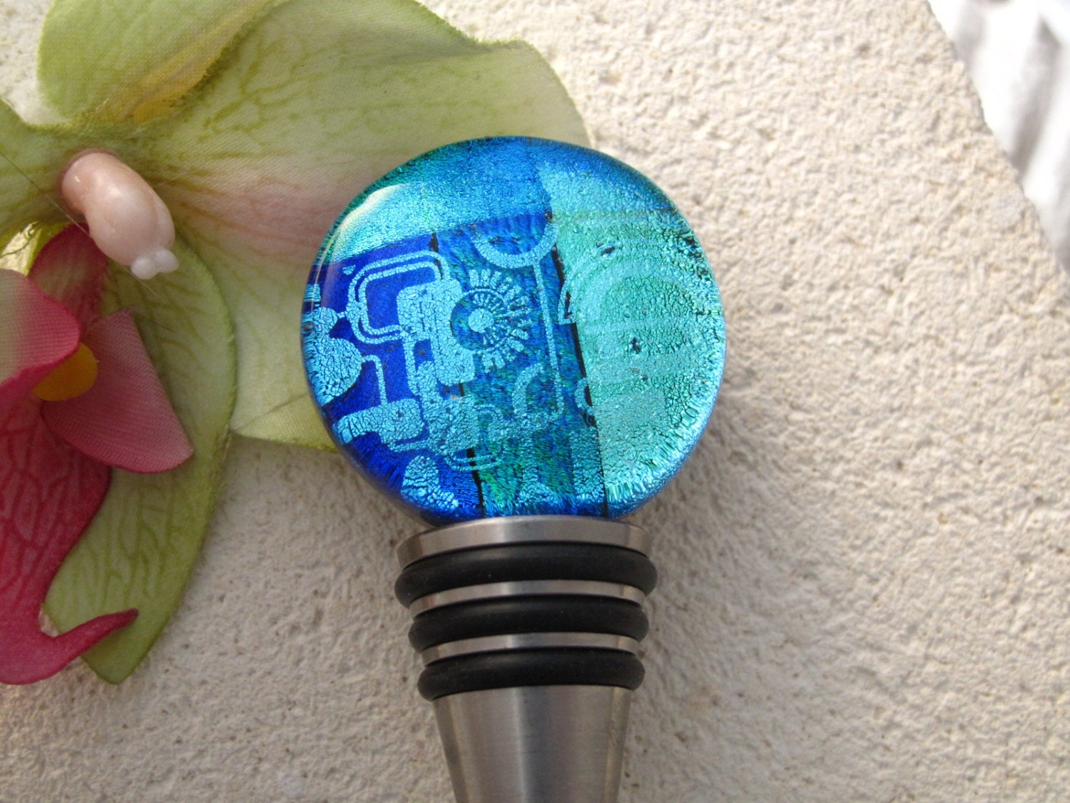 Wine Bottle Stopper - Blue - Wine Cork - Stainless Steel FDA - Dichroic Glass Wine Bottle - Stop Made in USA 012313ws101
