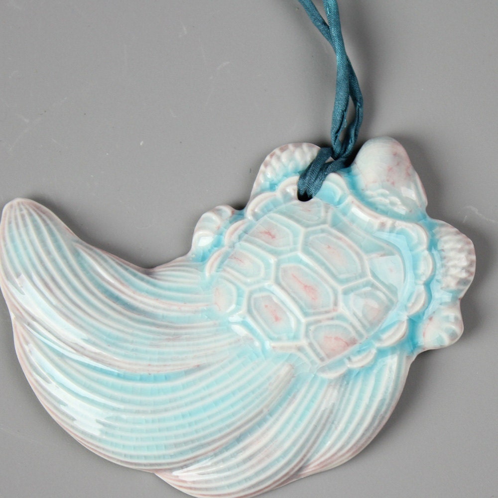 Porcelain Turtle Ceramic Necklace Aqua Pink on Silk