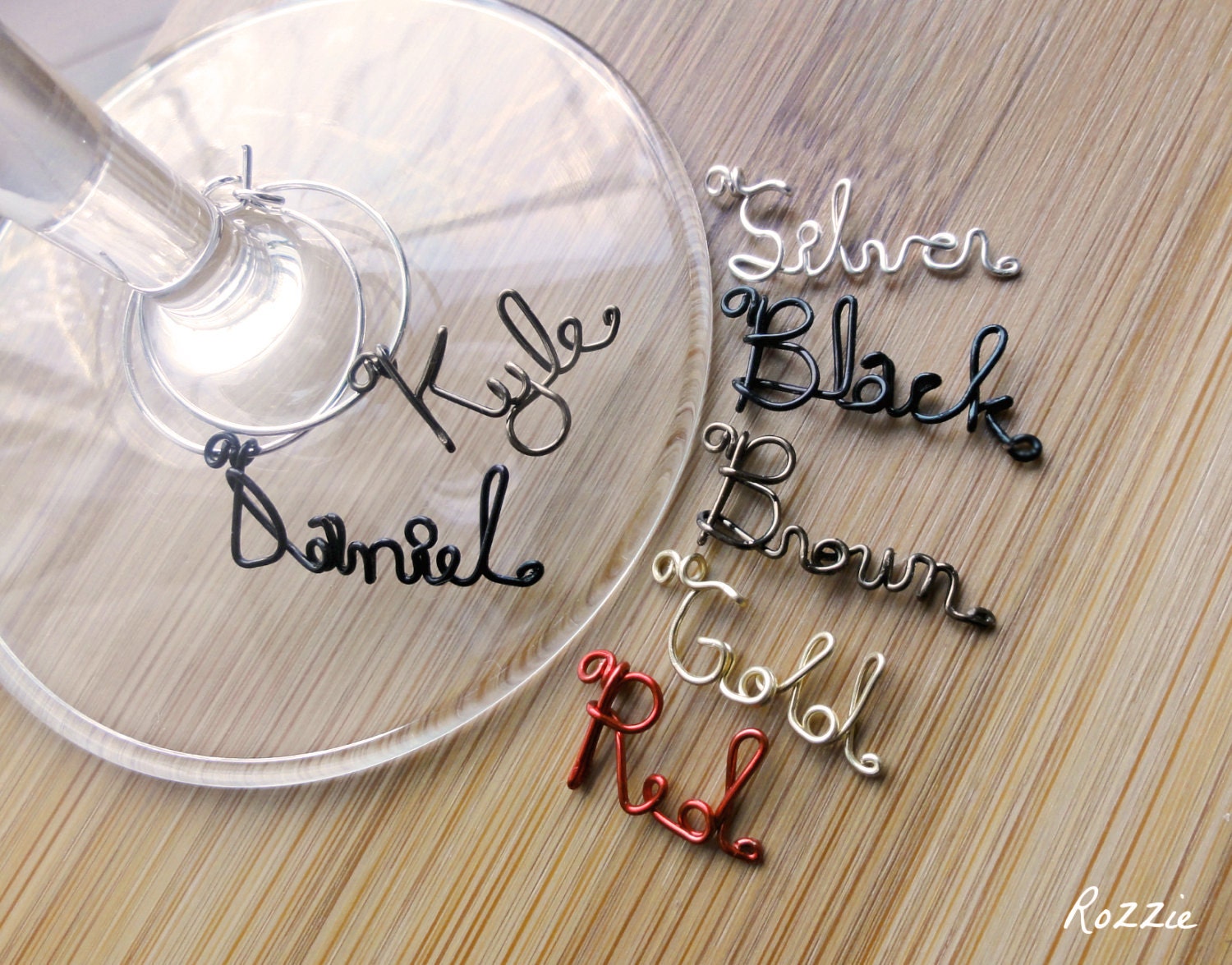 Handwritten Name Wine Charm Silver wire - Set of 2