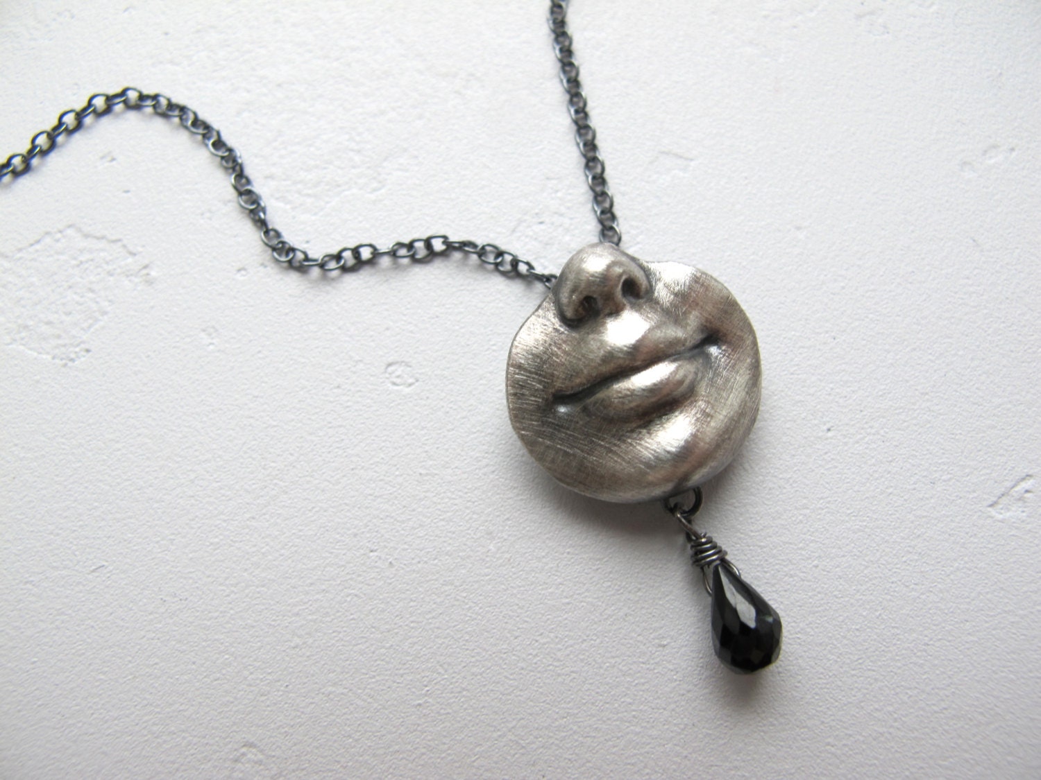 Silver Smile Barbie Necklace with Faceted Black Spinel Gemstone Drop